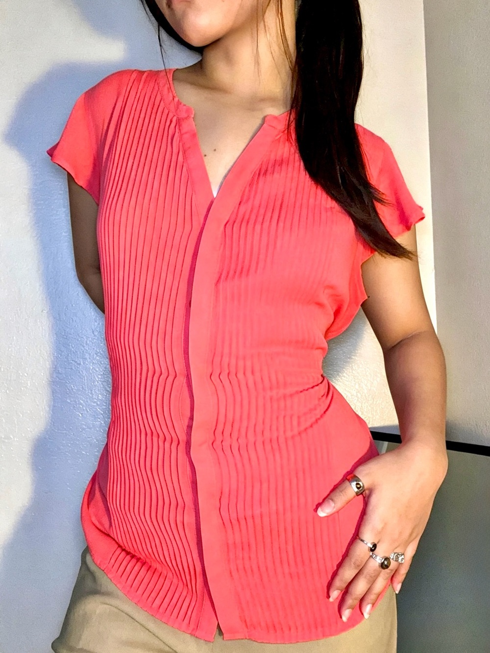Y2K Bright Coral Red Pleated Blouse Split Neck Flutter Sleeve